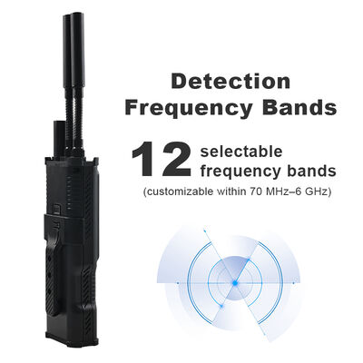 주문 70MHz~6GHz 풀 스펙트럼, 1.5~2km 탐지 범위 및 산업 및 FPV 드론을 위한 12개의 미리 설정된 밴드를 갖춘 휴대용 드론 탐지기 온라인 제조